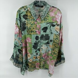Zara Oversized Floral Patchwork Button Up Blouse Career Satin Work Casual M